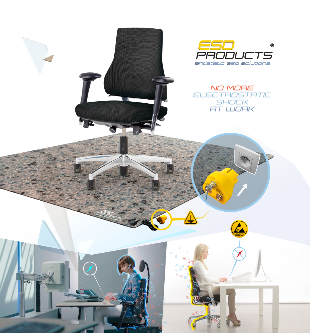 Static Free Office Solution ESD Office Chair Black With Armrests ESD Office Chair Mat Grey With Grou